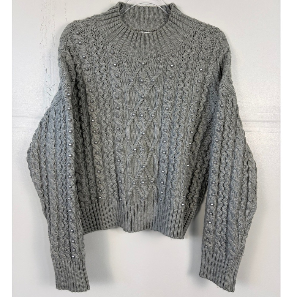 Crown & Ivy Grey Pearl Embroidered Mock Neck Cable Knit Sweater Womens XL